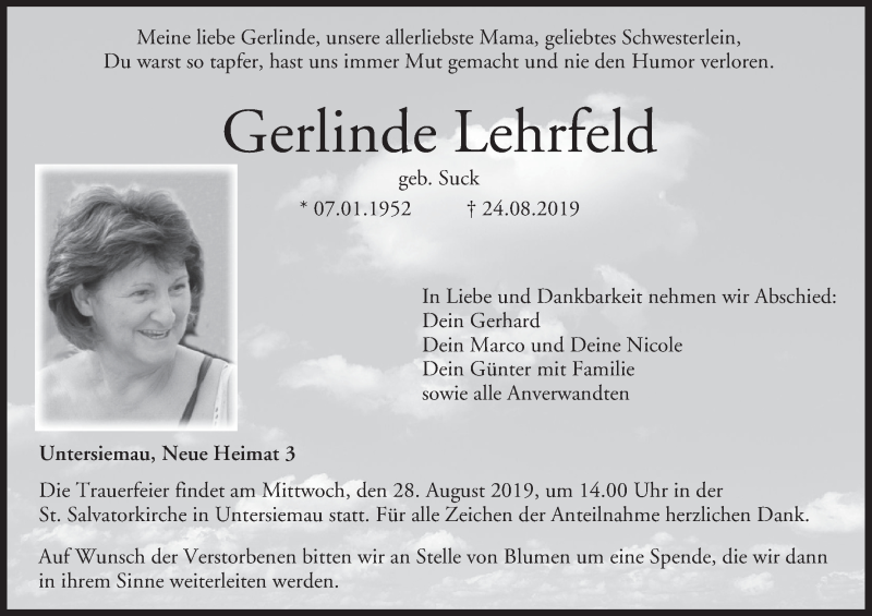  Traueranzeige für Gerlinde Lehrfeld vom 27.08.2019 aus MGO