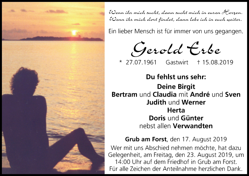  Traueranzeige für Gerold Erbe vom 17.08.2019 aus MGO