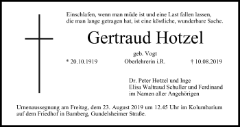 Anzeige von Gertraud Hotzel von MGO