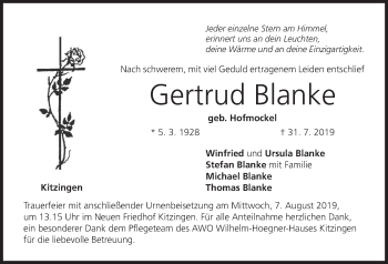 Anzeige von Gertrud Blanke von MGO