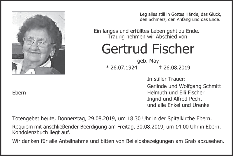  Traueranzeige für Gertrud Fischer vom 29.08.2019 aus MGO