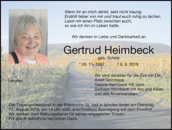 Anzeige von Gertrud Heimbeck von MGO