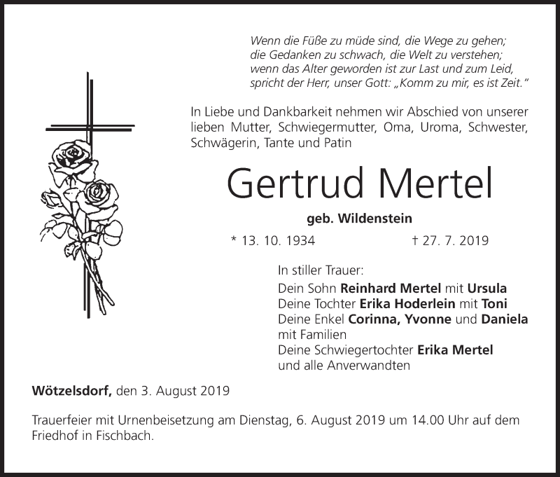  Traueranzeige für Gertrud Mertel vom 03.08.2019 aus MGO