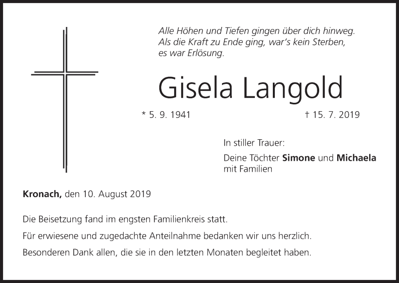  Traueranzeige für Gisela Langold vom 10.08.2019 aus MGO