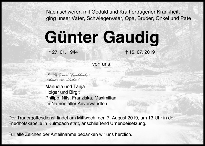  Traueranzeige für Günter Gaudig vom 05.08.2019 aus MGO