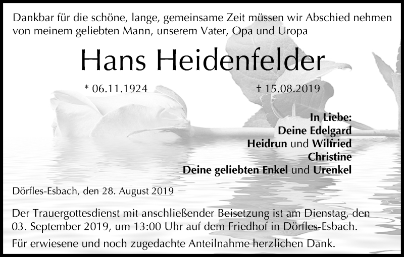  Traueranzeige für Hans Heidenfelder vom 28.08.2019 aus MGO