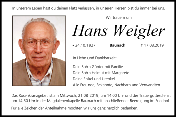 Anzeige von Hans Weigler von MGO