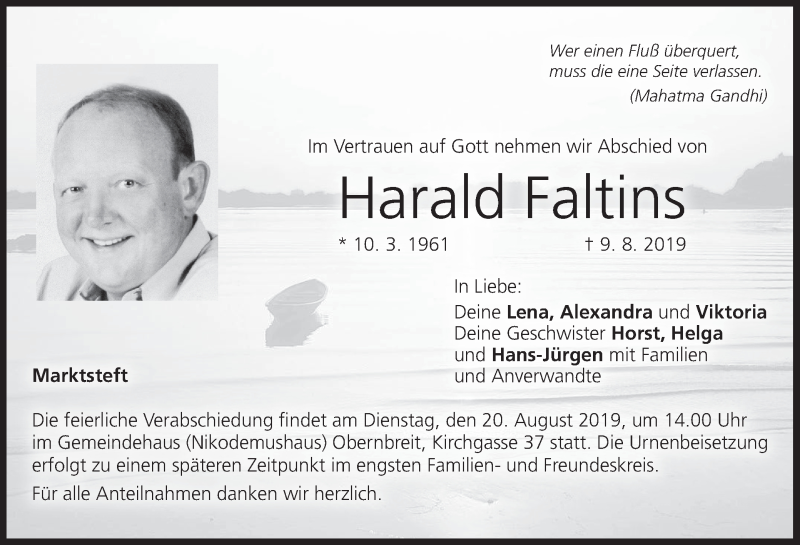  Traueranzeige für Harald Faltins vom 16.08.2019 aus MGO
