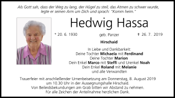 Anzeige von Hedwig Hassa von MGO