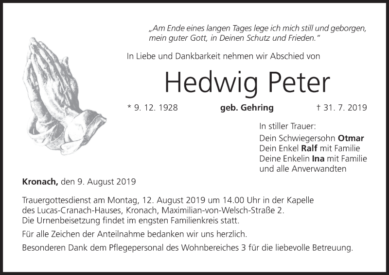  Traueranzeige für Hedwig Peter vom 09.08.2019 aus MGO