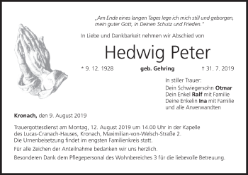 Anzeige von Hedwig Peter von MGO