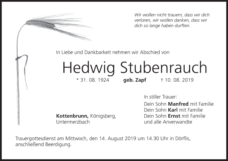  Traueranzeige für Hedwig Stubenrauch vom 13.08.2019 aus MGO
