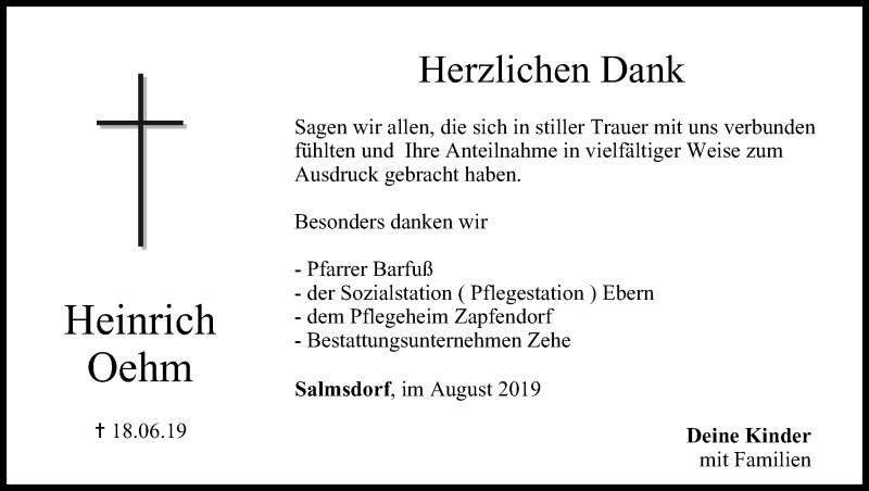  Traueranzeige für Heinrich Oehm vom 16.08.2019 aus MGO