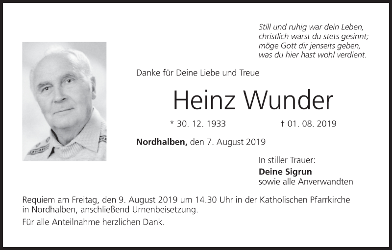  Traueranzeige für Heinz Wunder vom 07.08.2019 aus MGO