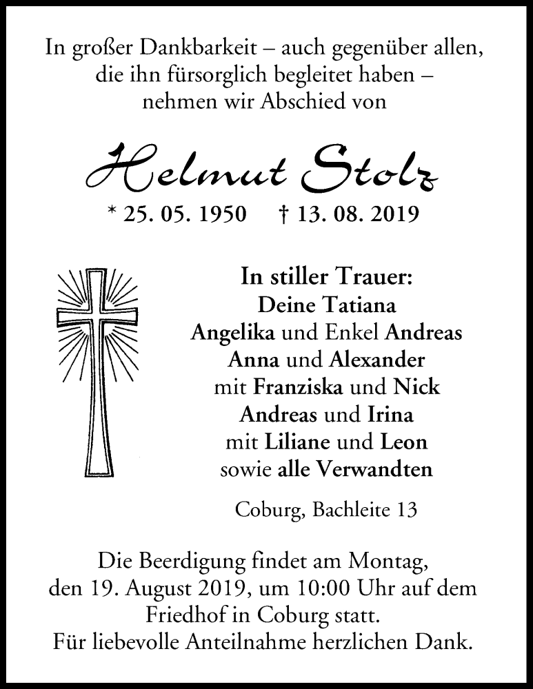  Traueranzeige für Helmut Stolz vom 16.08.2019 aus MGO