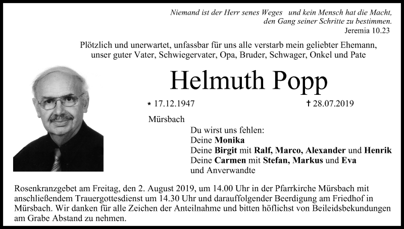  Traueranzeige für Helmuth Popp vom 31.07.2019 aus MGO