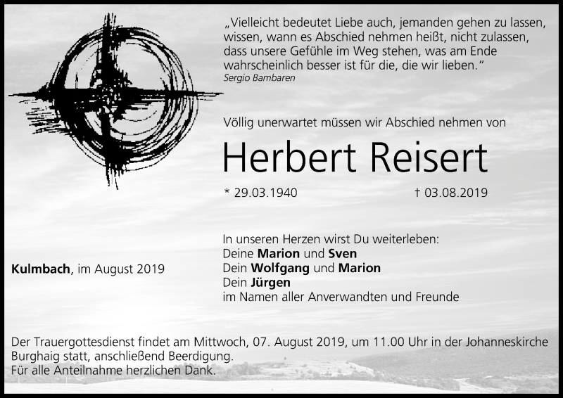  Traueranzeige für Herbert Reisert vom 06.08.2019 aus MGO
