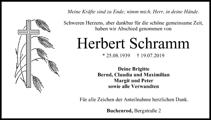  Traueranzeige für Herbert Schramm vom 03.08.2019 aus MGO