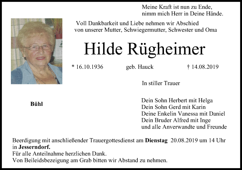  Traueranzeige für Hilde Rügheimer vom 17.08.2019 aus MGO