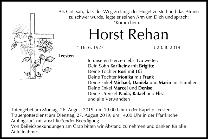  Traueranzeige für Horst Rehan vom 23.08.2019 aus MGO