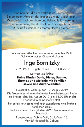 Anzeige von Inge Bornitzky von MGO