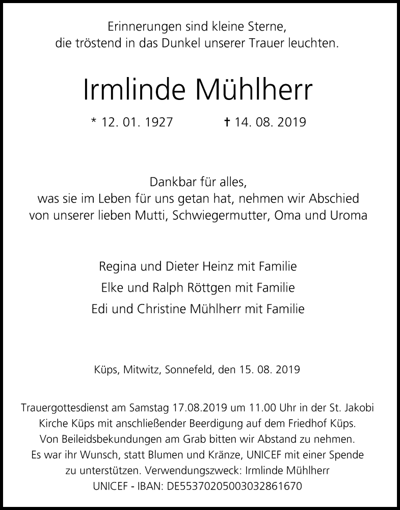  Traueranzeige für Irmlinde Mühlherr vom 15.08.2019 aus MGO
