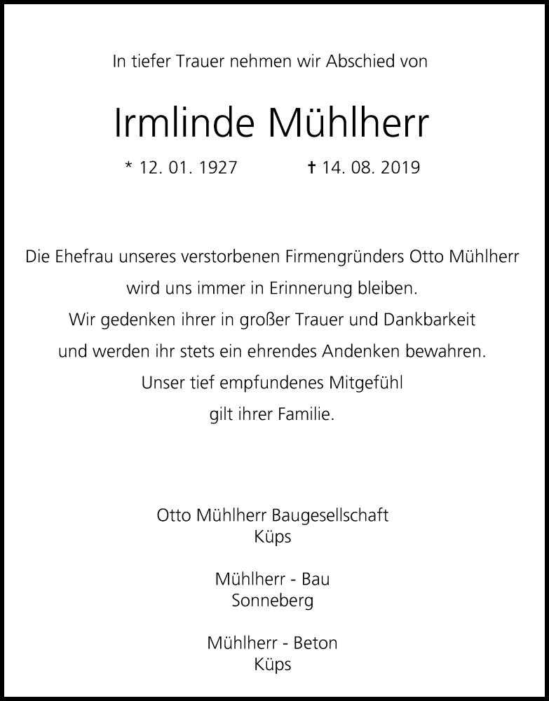  Traueranzeige für Irmlinde Mühlherr vom 15.08.2019 aus MGO