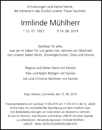 Anzeige von Irmlinde Mühlherr von MGO