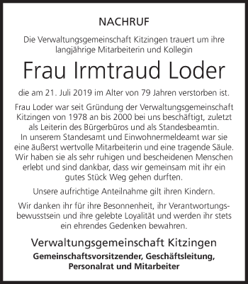 Anzeige von Irmtraud Loder von MGO