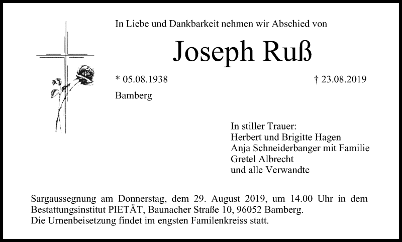  Traueranzeige für Joseph Ruß vom 28.08.2019 aus MGO