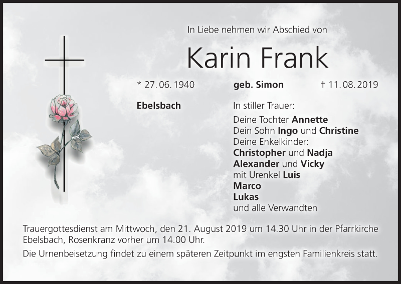  Traueranzeige für Karin Frank vom 17.08.2019 aus MGO
