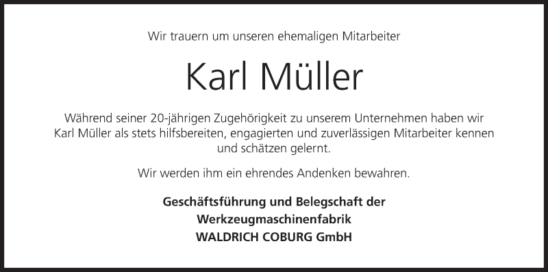  Traueranzeige für Karl Müller vom 03.08.2019 aus MGO