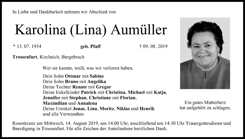  Traueranzeige für Karolina Aumüller vom 12.08.2019 aus MGO