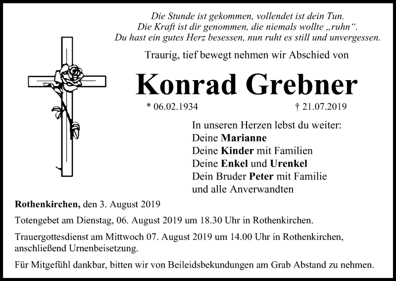  Traueranzeige für Konrad Grebner vom 03.08.2019 aus MGO