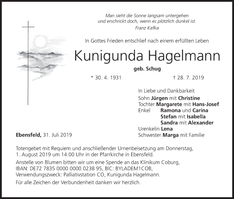  Traueranzeige für Kunigunda Hagelmann vom 31.07.2019 aus MGO