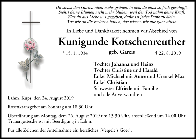  Traueranzeige für Kunigunde Kotschenreuther vom 24.08.2019 aus MGO