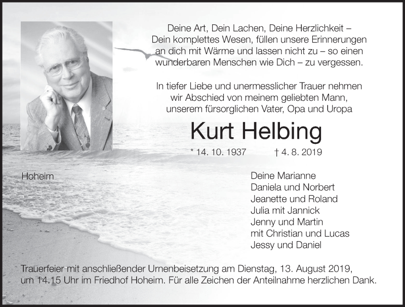  Traueranzeige für Kurt Helbing vom 10.08.2019 aus MGO