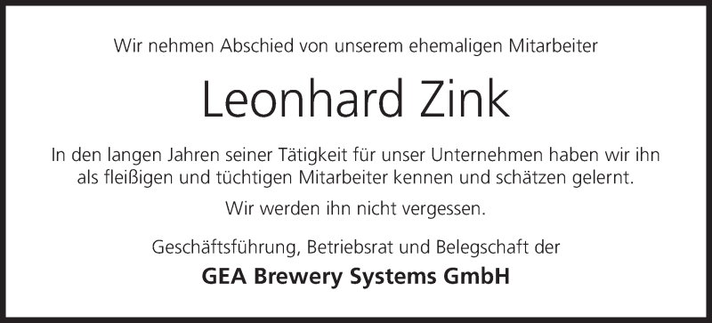  Traueranzeige für Leonhard Zink vom 30.08.2019 aus MGO