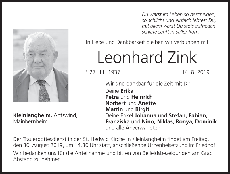  Traueranzeige für Leonhard Zink vom 28.08.2019 aus MGO