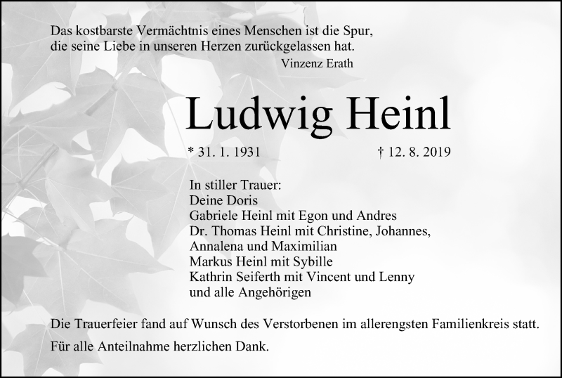  Traueranzeige für Ludwig Heinl vom 21.08.2019 aus MGO