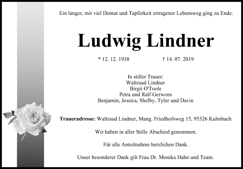  Traueranzeige für Ludwig Lindner vom 03.08.2019 aus MGO
