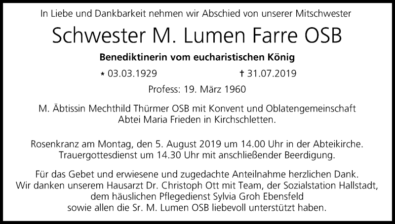  Traueranzeige für M. Lumen Farre vom 03.08.2019 aus MGO