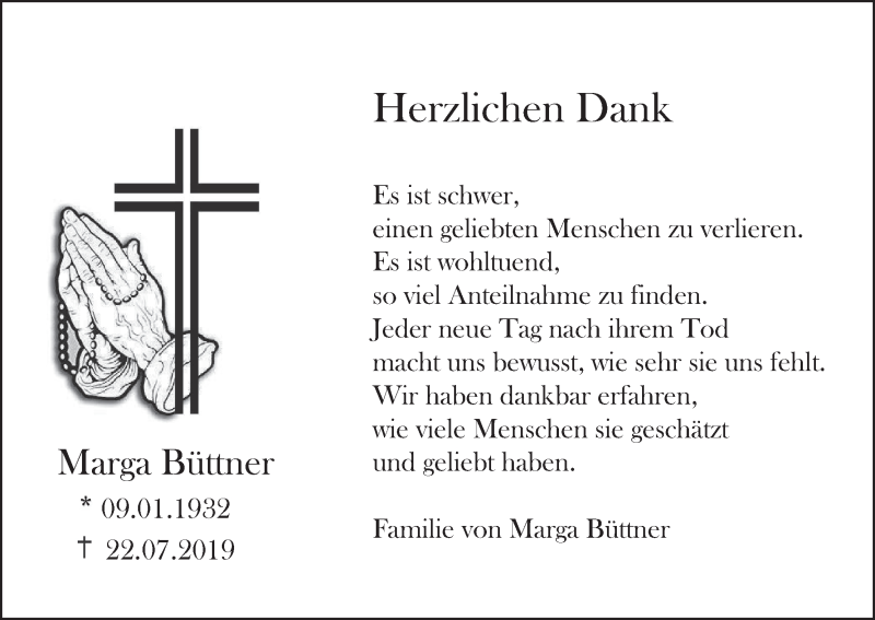  Traueranzeige für Marga Büttner vom 21.08.2019 aus MGO