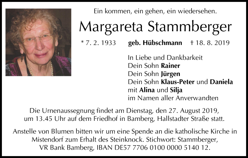  Traueranzeige für Margareta Stammberger vom 24.08.2019 aus MGO
