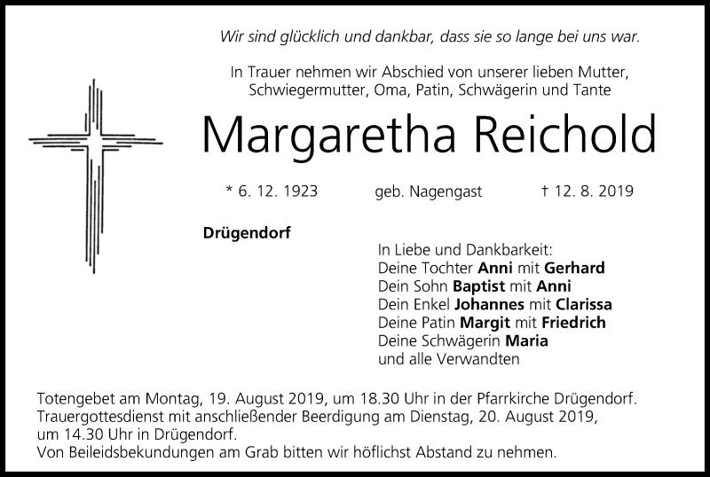  Traueranzeige für Margaretha Reichold vom 17.08.2019 aus MGO
