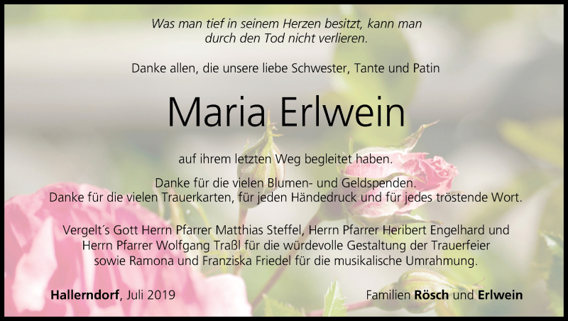  Traueranzeige für Maria Erlwein vom 03.08.2019 aus MGO