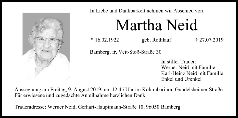  Traueranzeige für Martha Neid vom 07.08.2019 aus MGO