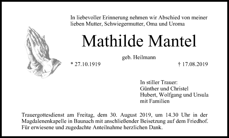  Traueranzeige für Mathilde Mantel vom 28.08.2019 aus MGO