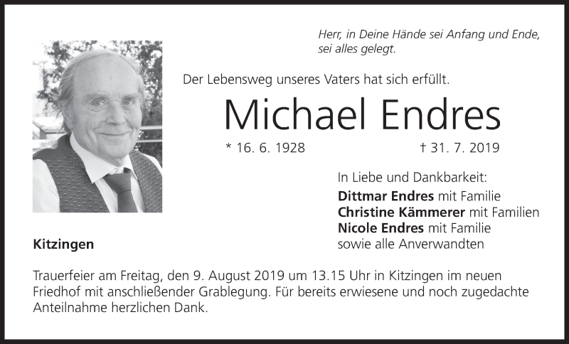 Traueranzeige für Michael Endres vom 07.08.2019 aus MGO