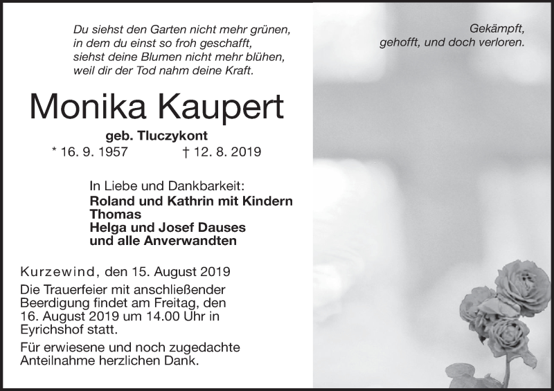  Traueranzeige für Monika Kaupert vom 15.08.2019 aus MGO